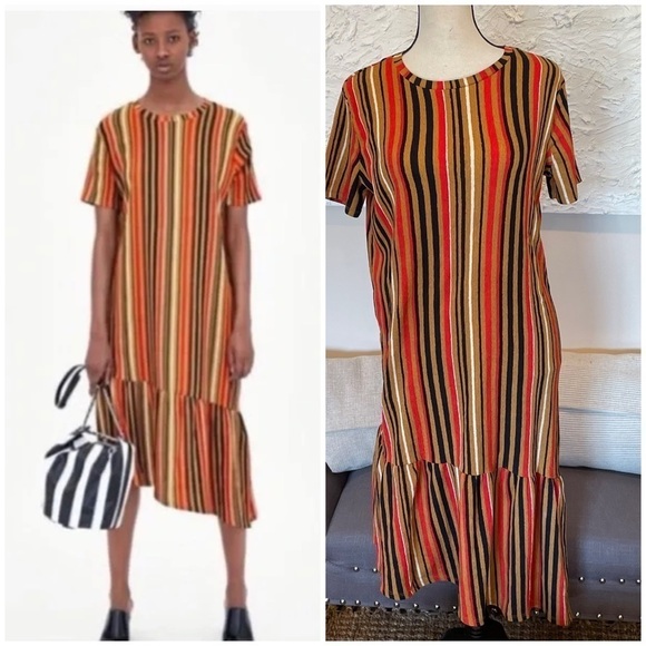 Zara Dress Striped Crepe Asymmetric Hem Short Sleeve Tan Black White Size Small - Picture 1 of 10